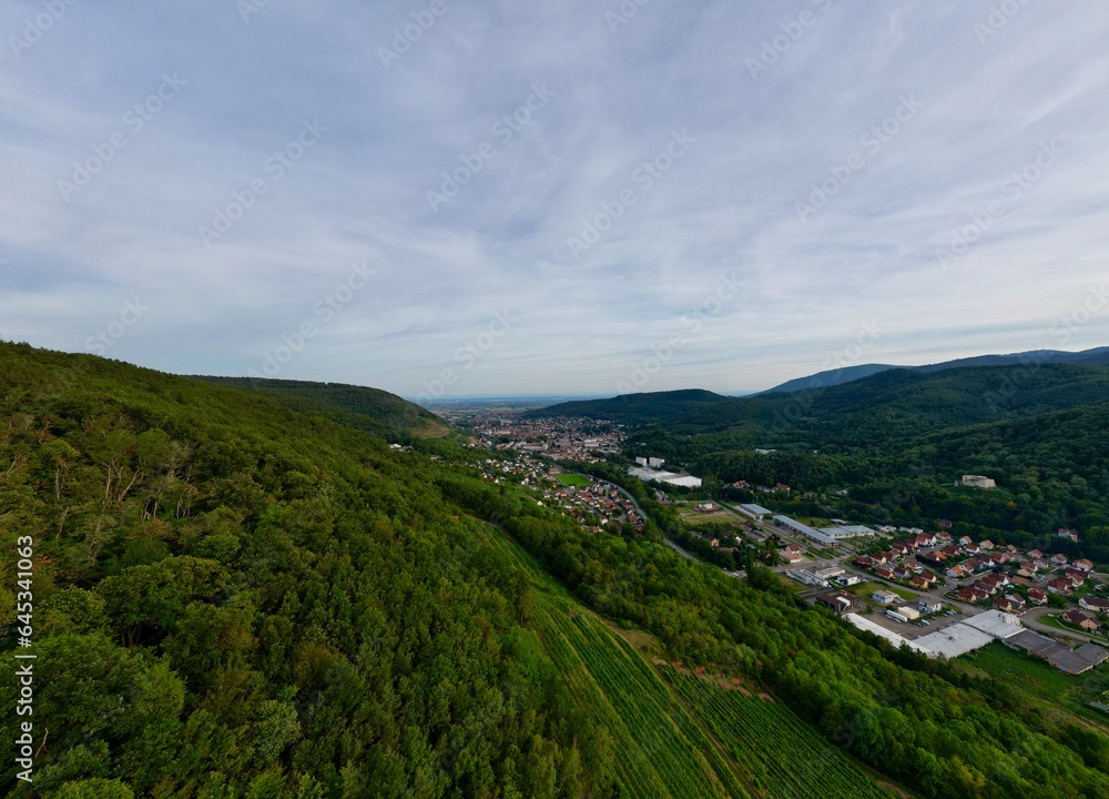 Aerial Panorama of Florival Valley Entrance: From Buhl to Guebwiller - Summer Evenings in Alsace, France. A Wide Angle Horizon of Vineyards, Forests, and Mountains of Haut-Rhin Villages