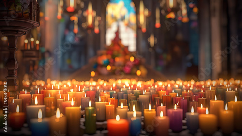 Candles in a church background, Bright color. Generative Ai