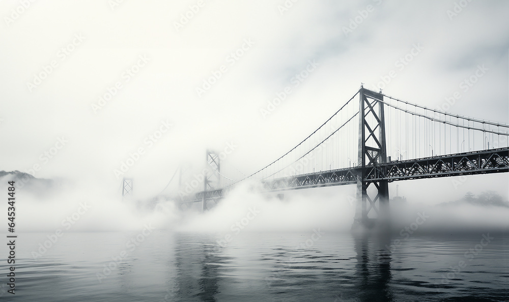 Obraz premium Mystery bridge over the river in the early foggy dark cold morning. Mysterious scary landscape with copy space. Concrete modern bridge abstract design