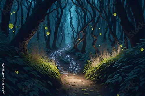 mysterious forest in dark night