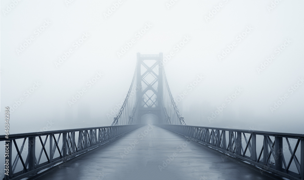 Mystery bridge over the river in the early foggy dark cold morning. Mysterious scary landscape with copy space. Concrete modern bridge abstract design