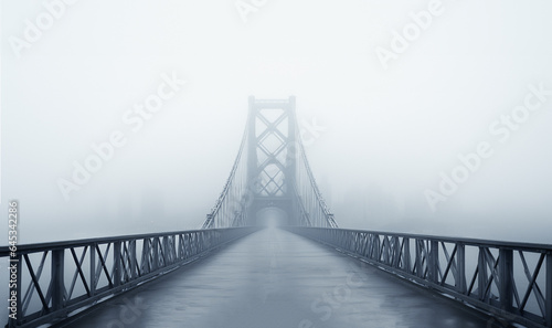 Mystery bridge over the river in the early foggy dark cold morning. Mysterious scary landscape with copy space. Concrete modern bridge abstract design