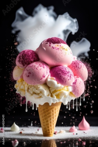 Cone with brightly colored ice cream balls with imitation of melting and explosion, covered with multicolored sprinkles and poured with syrup. Generative AI