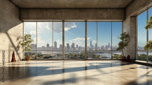 Interior of empty open space room in modern urban building for office or loft studio. Concrete walls and floor, home decor. Floor-to-ceiling windows with city view. Mockup, 3D rendering.