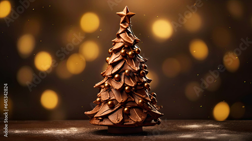 Christmas tree made of Chocolate, a delicious and decorative treat for the holidays. Concept of foods, deserts and snacks for Christmas. Shallow field of view.