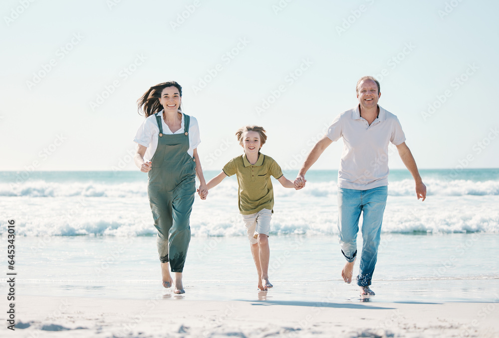 Running, happy and holding hands with family on the beach for support, summer vacation or bonding. Freedom, health and love with people on seaside holiday for adventure, trust and travel together