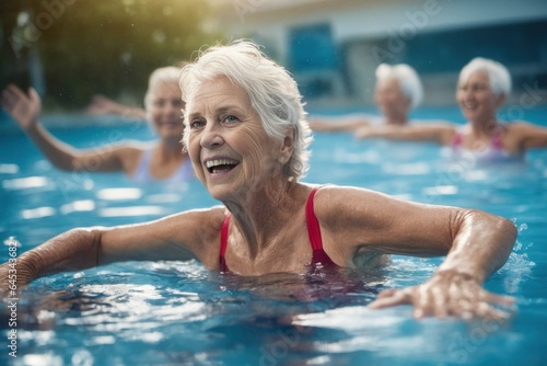 Active senior women enjoying aqua fit class in a pool, displaying joy and camaraderie, embodying a healthy, retired lifestyle © Cad3D.Expert
