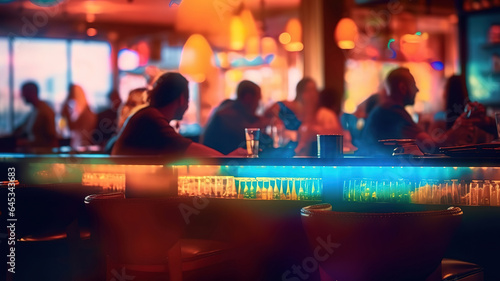 Wooden table in front of abstract blurred background of resturant lights. Generative Ai