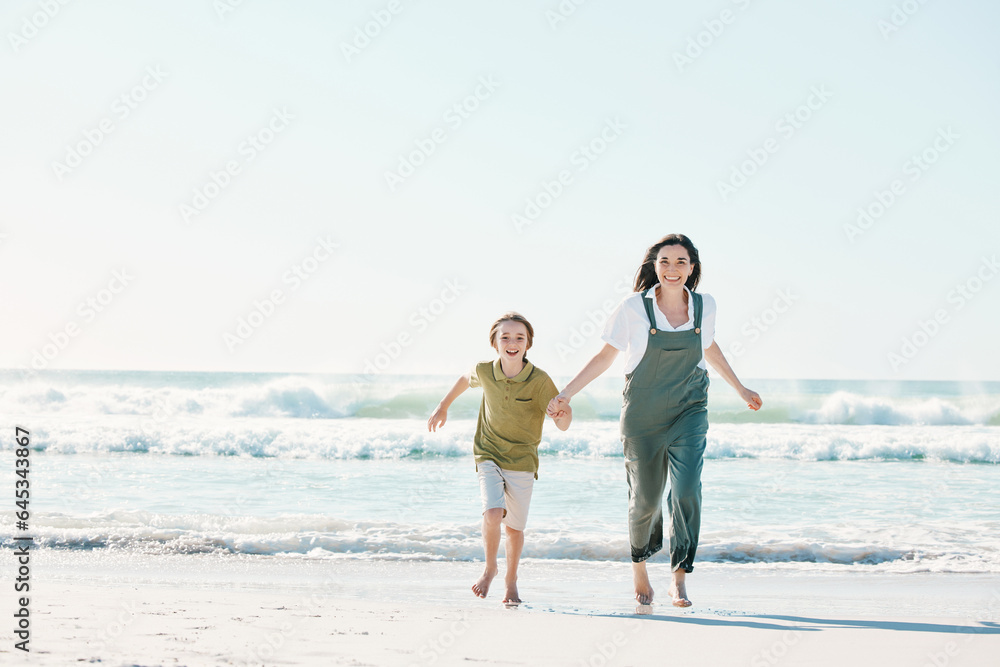 Running, holding hands and mother with child on beach for energy, freedom and summer vacation mockup. Love, relax and adventure with family on seaside holiday for health, bonding and games together Running, holding hands and mother with child on beach for energy, freedom and summer vacation mockup. Love, relax and adventure with family on seaside holiday for health, bonding and games together