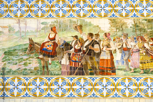 Old tile decoration in the Sao Bento railway station (1904) in Porto, Portugal