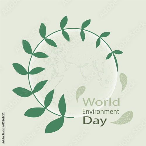 The world environment day concept design that is environmentally friendly with leaves surrounding the earth ,vector illustration with green text on World Environment Day .
