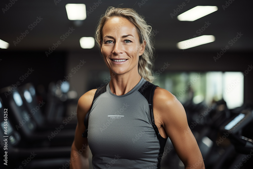 Fototapeta premium Portrait of a smiling woman in a gym looking at the camera