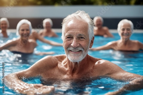 Active senior man enjoying aqua fit class in a pool, displaying joy and camaraderie, embodying a healthy, retired lifestyle © Cad3D.Expert
