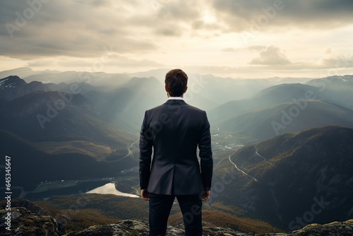 man wearing a suit and standing on the top of a mountain © Jorge Ferreiro