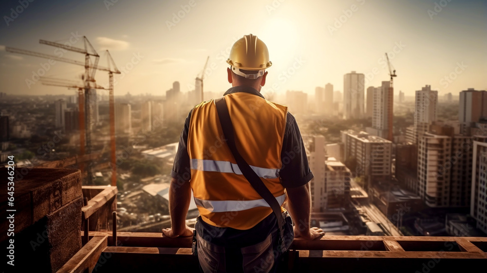 worker Builder on the roof of a building under construction looking at the city at sunset, view from the back. Generative Ai