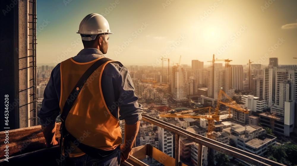 a master builder inspects the city at sunset from the roof of a house under construction. Generative Ai a master builder inspects the city at sunset from the roof of a house under construction. Generative Ai