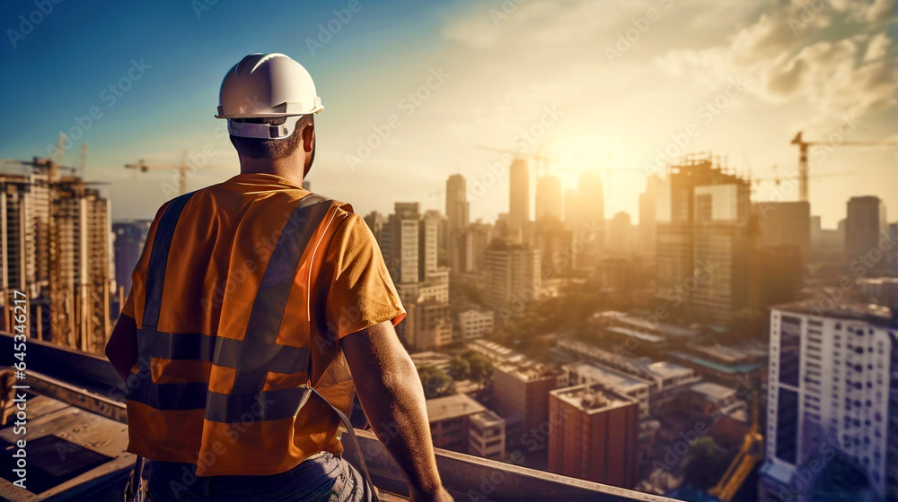 civil engineer inspects the city from the roof of a building under construction. Generative Ai civil engineer inspects the city from the roof of a building under construction. Generative Ai