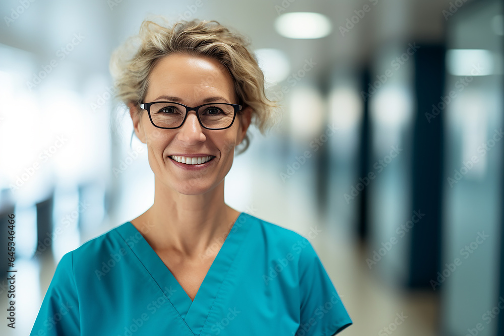 Portrait of smiling female doctor with eyeglasses in hospital corridor Portrait of smiling female doctor with eyeglasses in hospital corridor