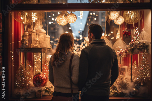 Wallpaper Mural Vue de dos d'un couple devant un magasin de décorations de noël » IA générative Torontodigital.ca