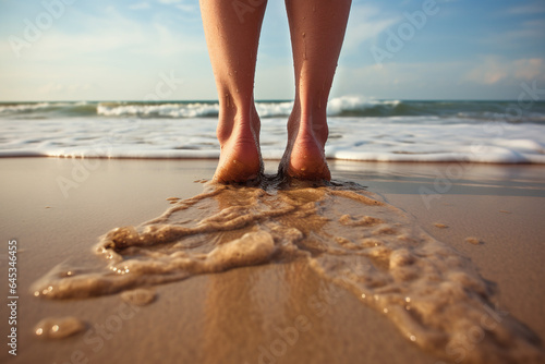 Vue de dos de pieds au bord de l'eau d'une plage » IA générative
