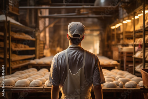 Vue de dos d'un boulanger préparant le pain dans sa boulangerie » IA générative