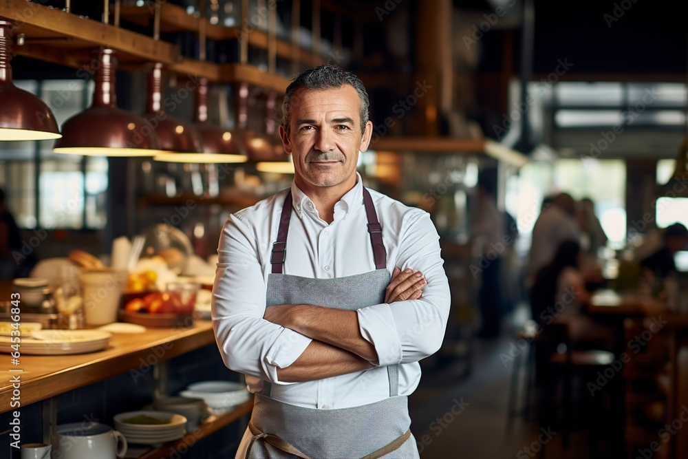 Obraz premium restaurant owner businessman standing in a kitchen