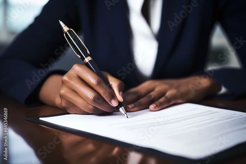 Businesswoman noire signant des documents avec un stylo » IA générative