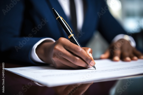 Businessman noir signant un contrat dans son bureau » IA générative photo