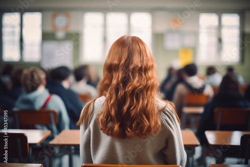 Vue de dos d'une étudiante rousse dans une salle de classe » IA générative photo