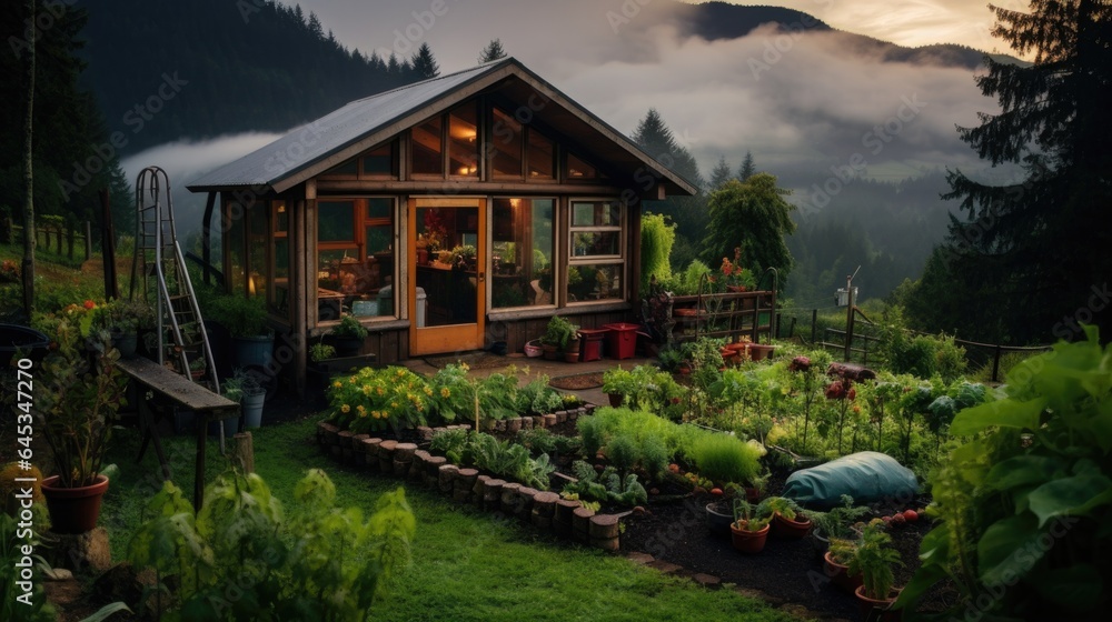 A small house in cafe style but full of happiness of nature, forest, mountains, white mist, there is a vegetable garden in front of the house.