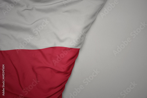 big waving national colorful flag of poland on the gray background.