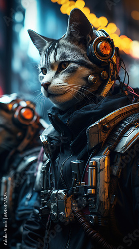 Cyberpunk Street Cat Gangs in Techwear on the Prowl of Futuristic Neon Lit City at Night Digital Art Download