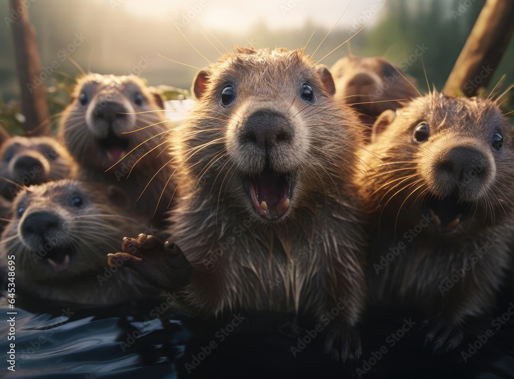 A group of beavers looking at the camera - obrazy, fototapety, plakaty 
