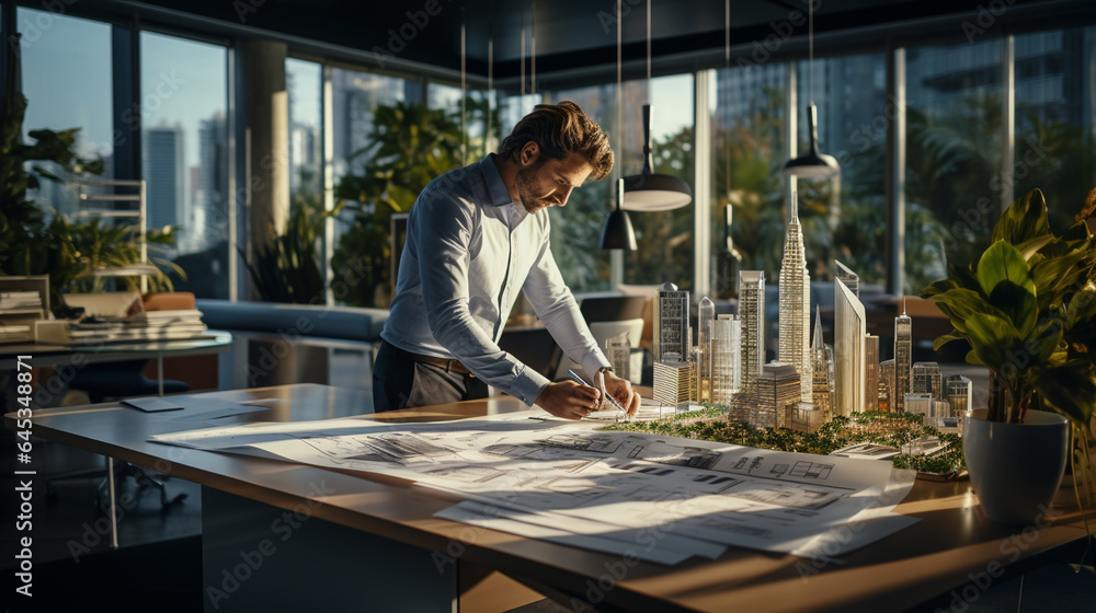 A confident young architect meticulously working on blueprints for an innovative skyscraper project - obrazy, fototapety, plakaty 