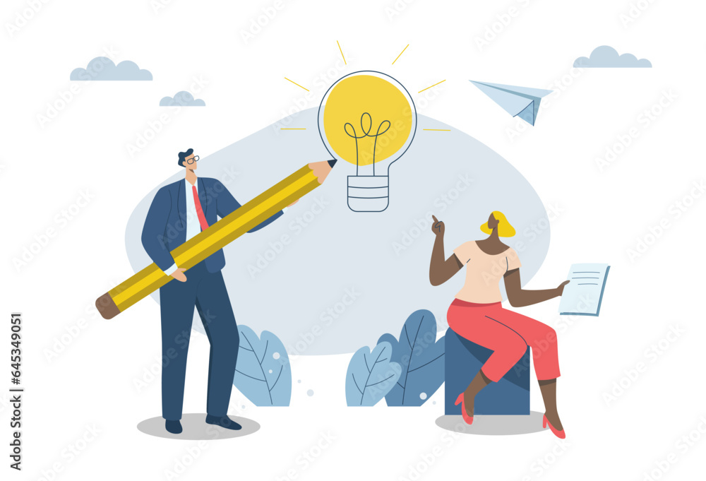 Business creativity development, Team brainstorming, Inspirational ideas or Motivating employees to come up with big ideas, A large light bulb is a metaphorical concept. Vector design illustration.