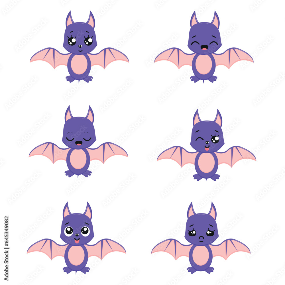 Fototapeta premium Set of bat in kawaii style.