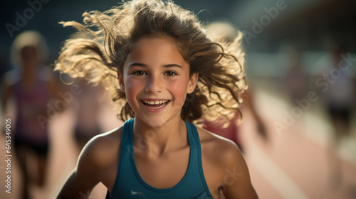 A determined young athlete training rigorously at the track, her focused expression showcasing her dedication to her sport