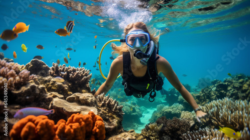 A young marine biologist conducting research underwater, surrounded by vibrant coral reefs and exotic sea life
