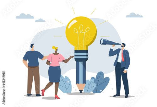 Business creativity development, Team brainstorming, Inspirational ideas or Motivating employees to come up with big ideas, A large light bulb is a metaphorical concept. Vector design illustration.