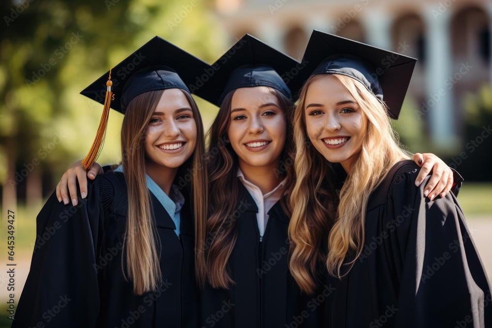 College graduation photo, beautiful student girls wearing traditional regalia.