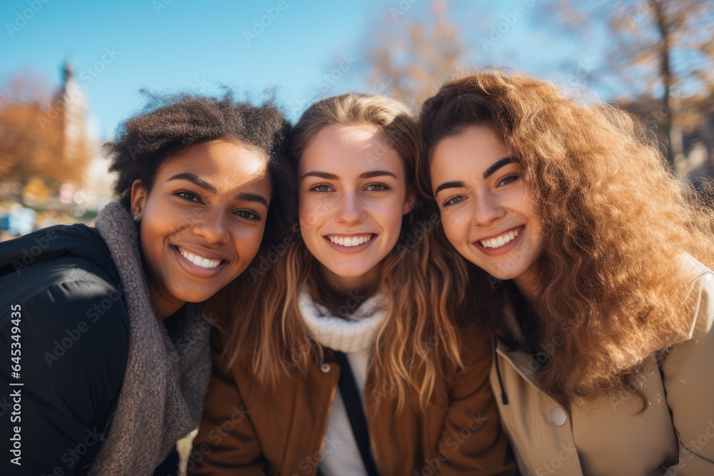 young university student girl friends enjoying sunny day in campus of university