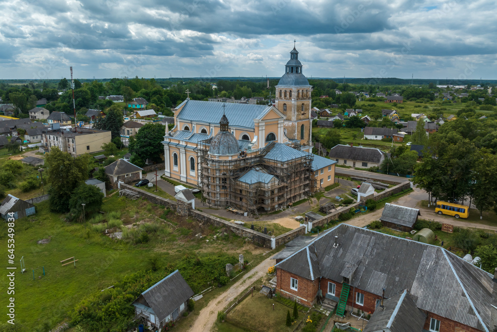 aerial view over othodox or catholic church in countryside aerial view over othodox or catholic church in countryside