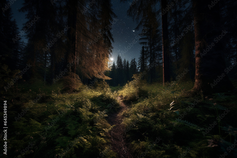 Obraz premium Beautiful night in the forest generative AI