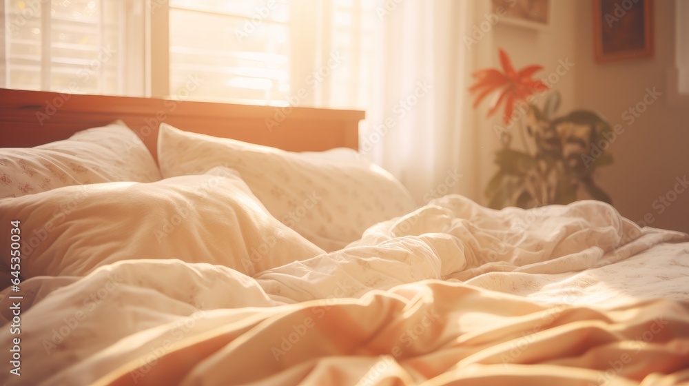 Fototapeta premium An unmade bed with disheveled white sheets and pillows