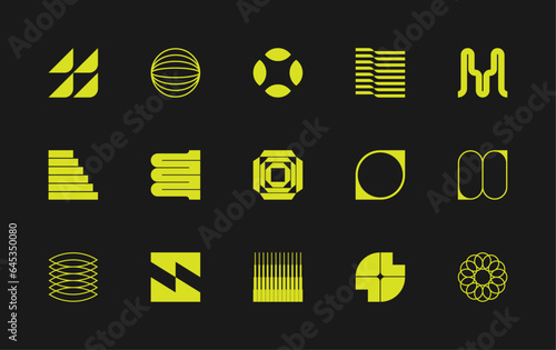 Vector set of different geometric shapes and symbols. Brutalist design icons and signs. Modernist logos.