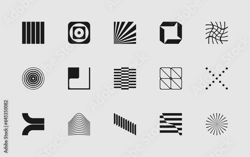 Vector set of different geometric shapes and symbols. Brutalist design icons and signs. Modernist logos.