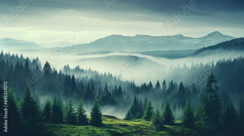 Cool toned misty valley overgrown with pine trees