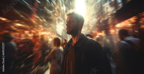 Man walking in the city at night. Blurred motion effect. created by generative AI technology.