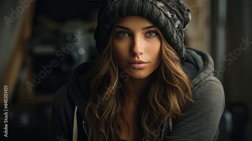 a portrait of a pretty young woman with a winter hat