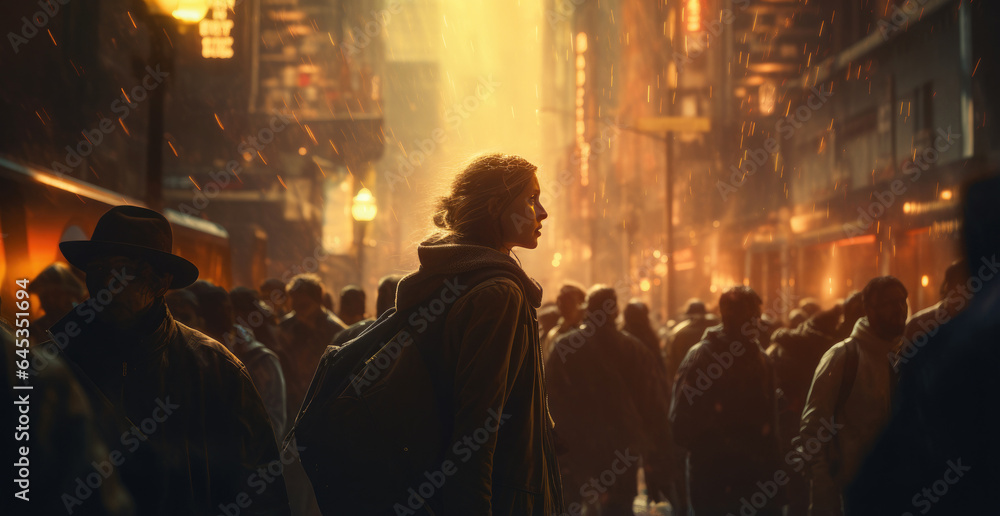 woman walking in the street at night and looking at the lights of the city. created by generative AI technology. woman walking in the street at night and looking at the lights of the city. created by generative AI technology.